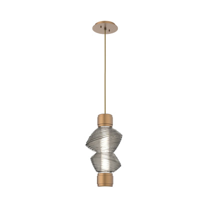 Mesa Mandrel Single LED Pendant Light in Novel Brass/Smoke Blown Glass.