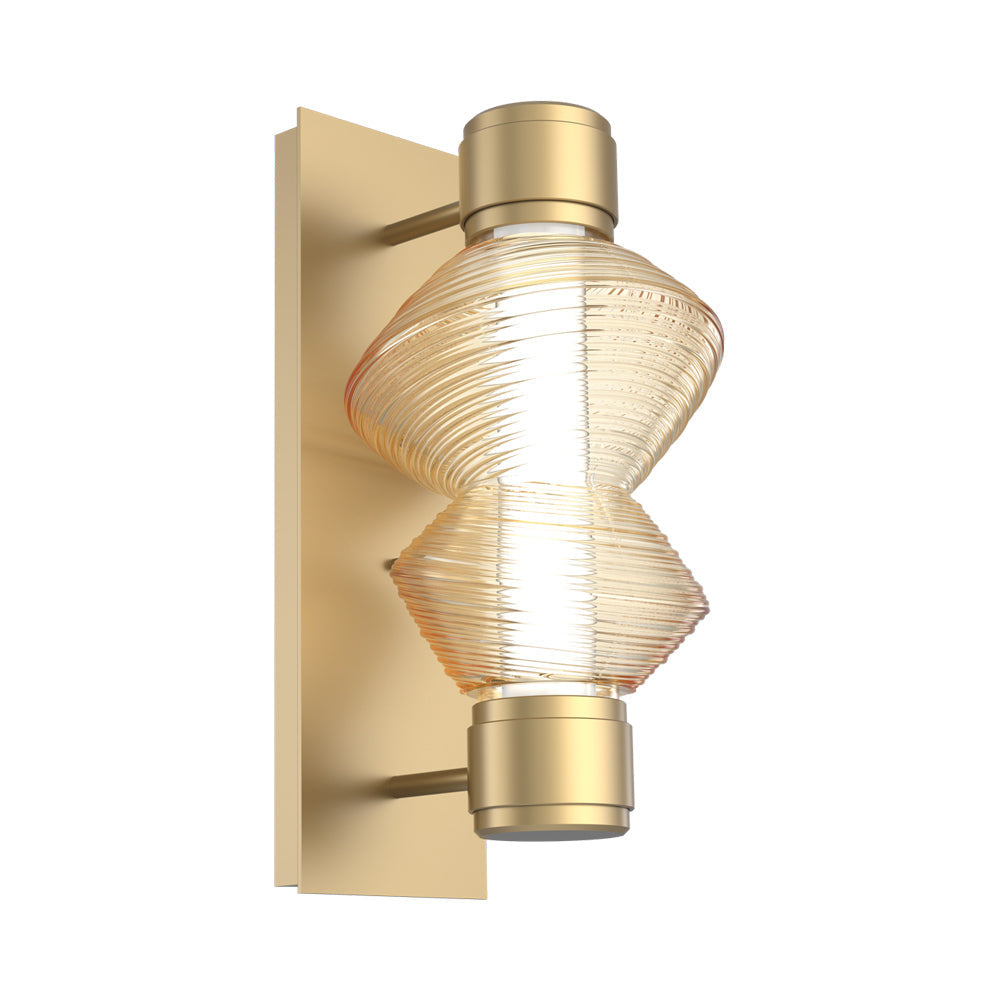 Mesa Mandrel Single LED Wall Light in Gilded Brass/Amber Blown Glass.