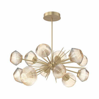 Mesa Oval Starburst LED Chandelier in Gilded Brass/Amber Blown Glass.
