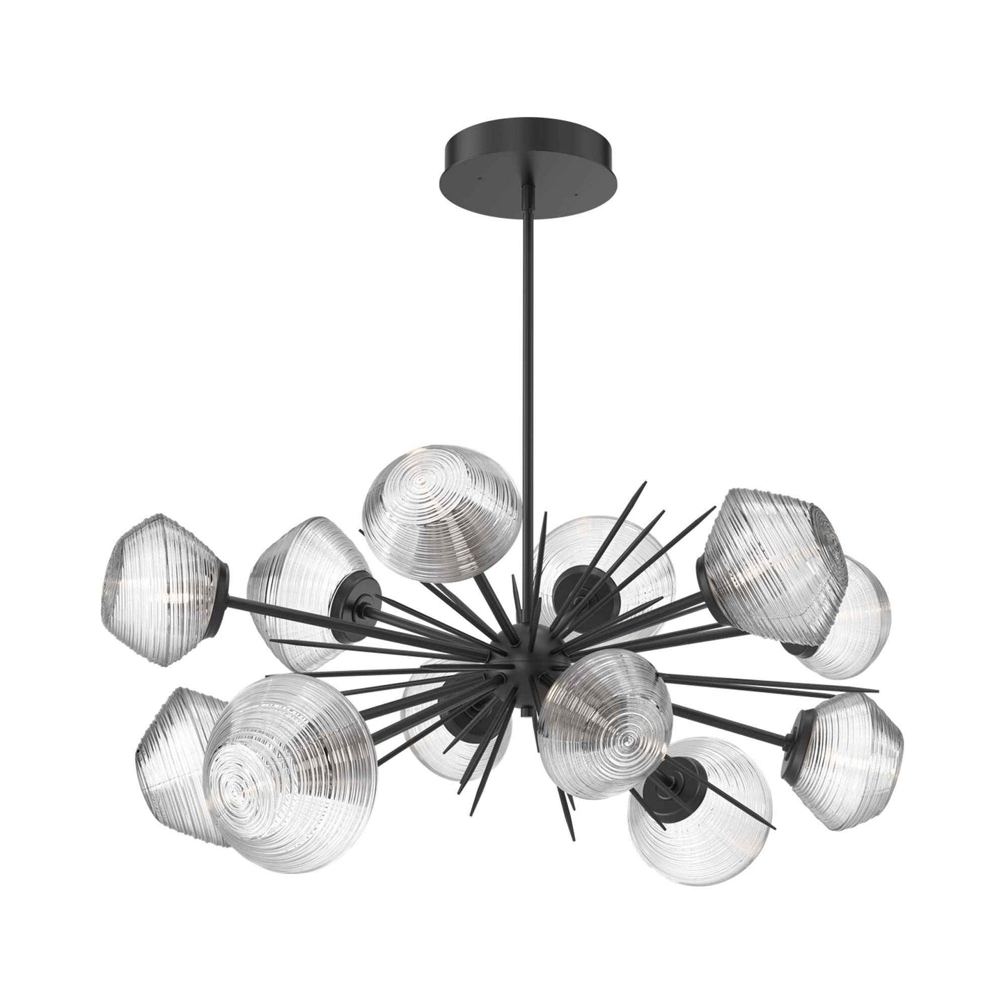 Mesa Oval Starburst LED Chandelier in Matte Black/Clear Blown Glass.