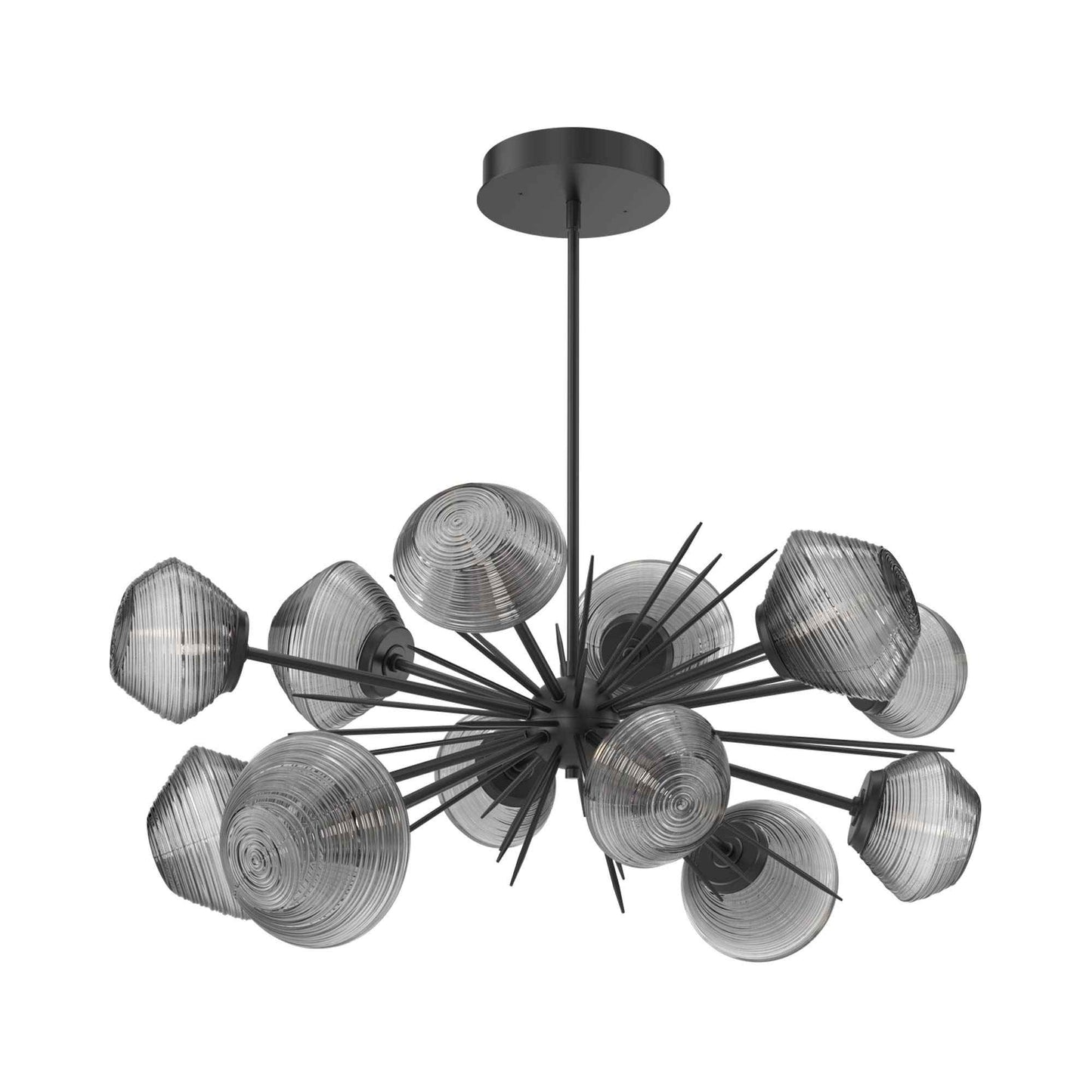 Mesa Oval Starburst LED Chandelier in Matte Black/Smoke Blown Glass.