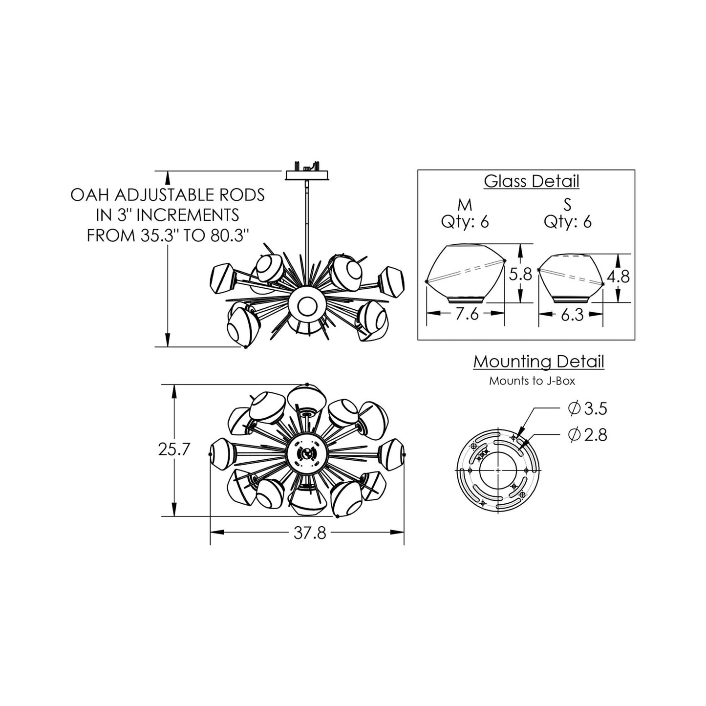Mesa Oval Starburst LED Chandelier - line drawing.
