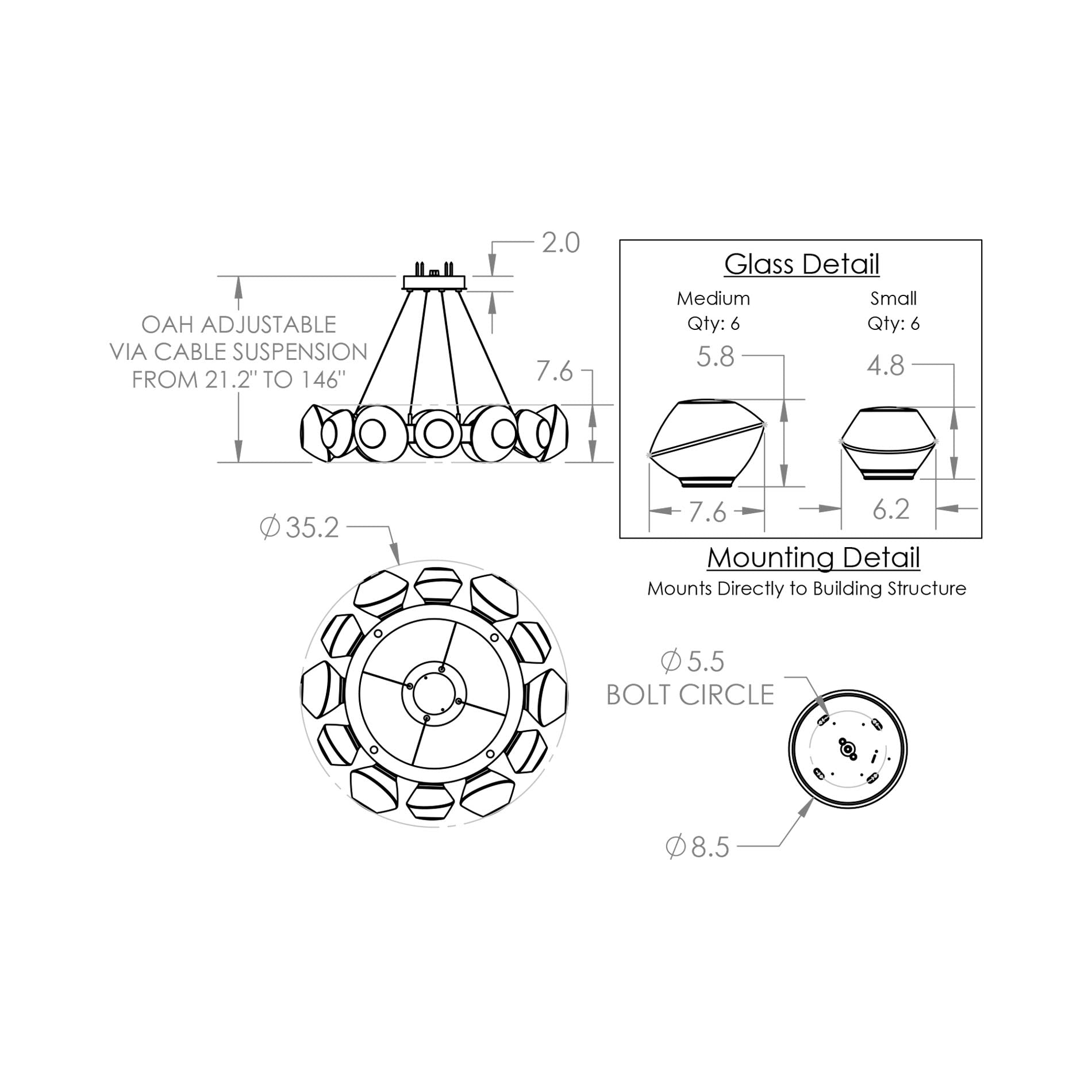 Mesa Radial Ring LED Chandelier - line drawing.