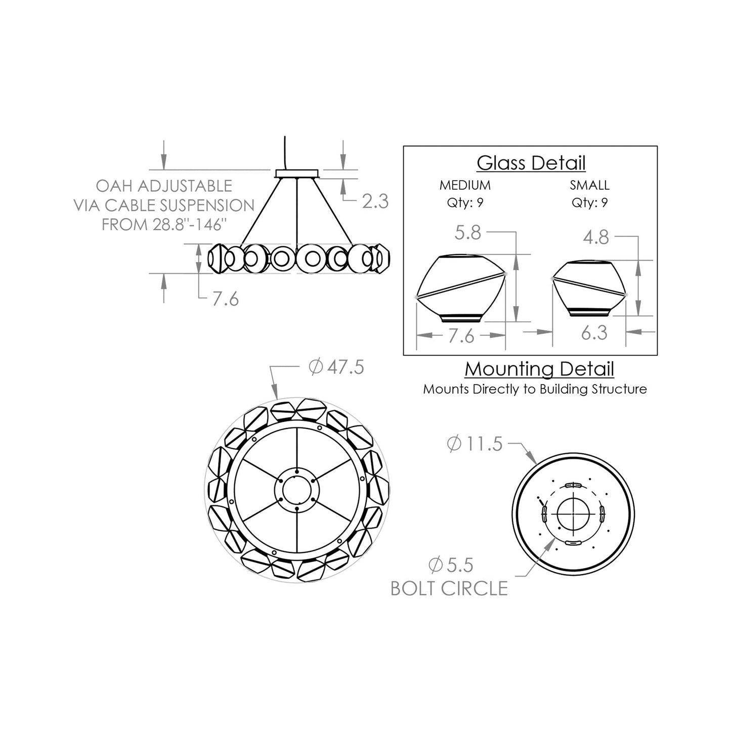 Mesa Radial Ring LED Chandelier - line drawing.