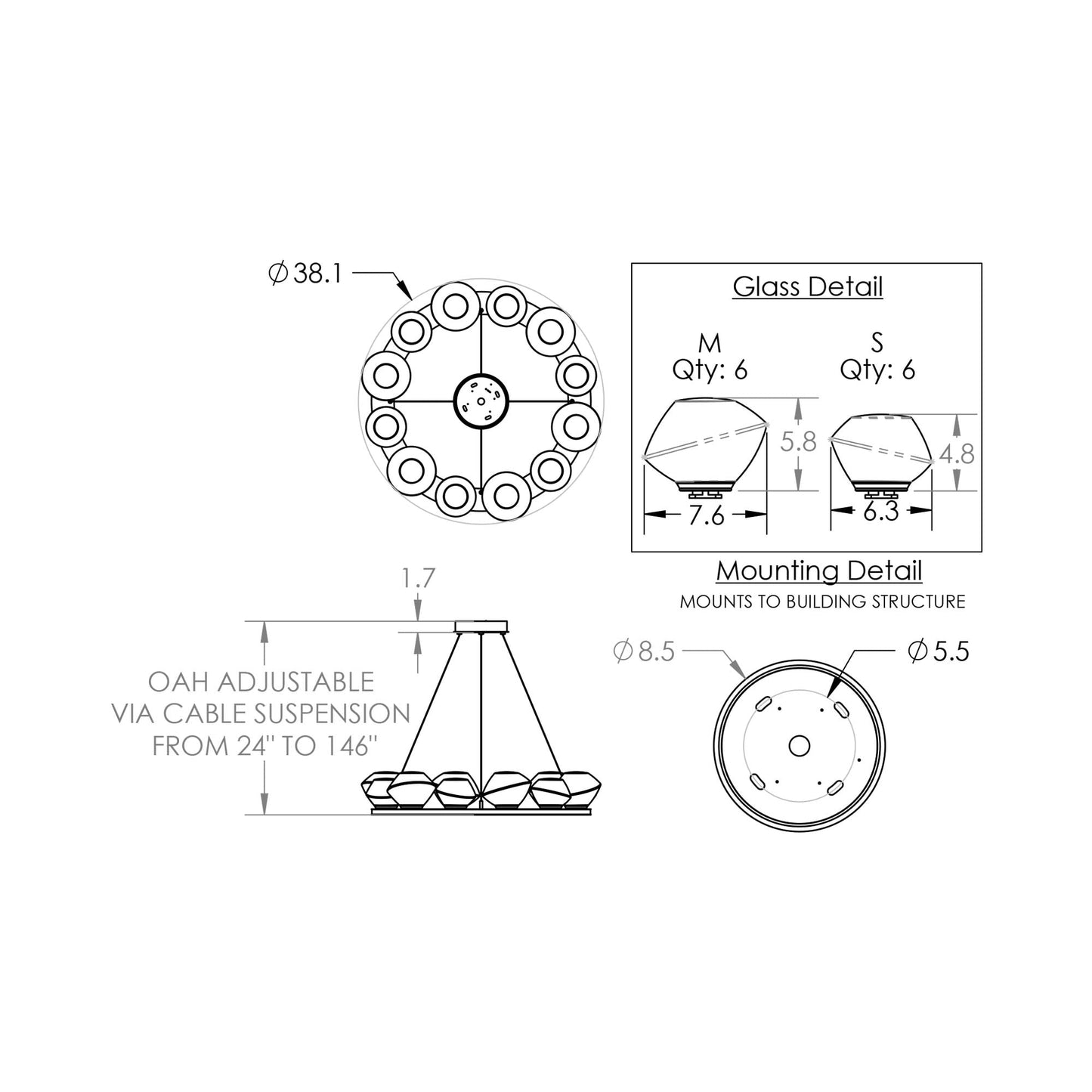 Mesa Ring LED Chandelier - line drawing.