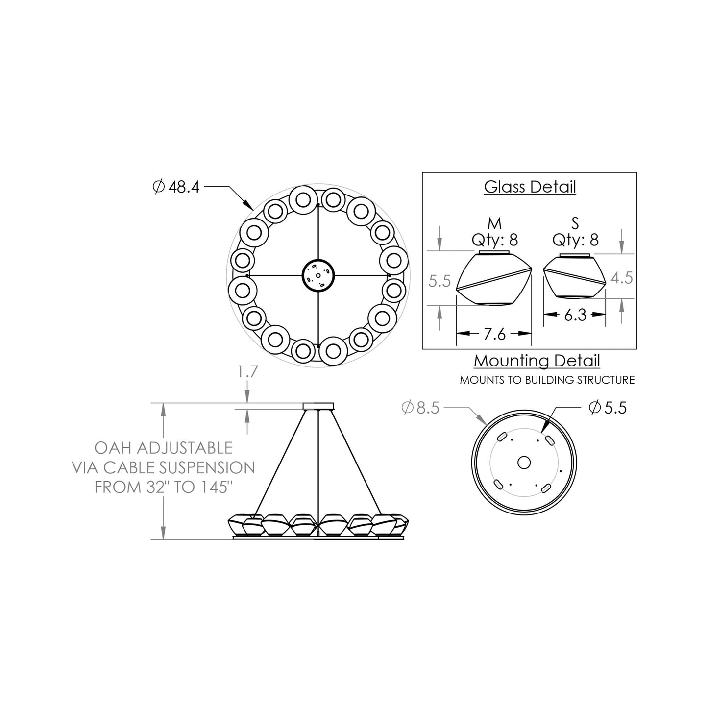 Mesa Ring LED Chandelier - line drawing.