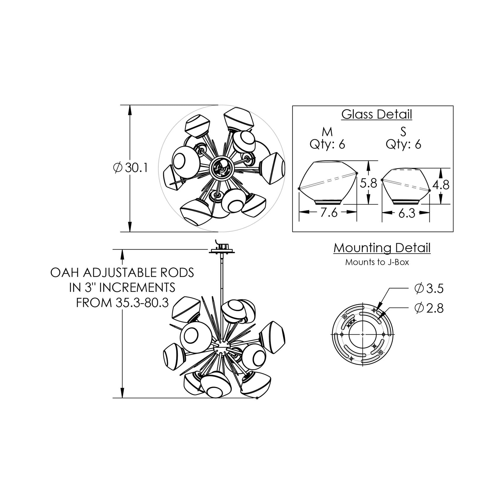 Mesa Starburst LED Chandelier - line drawing.