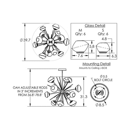 Mesa Starburst LED Chandelier - line drawing.