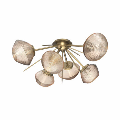 Mesa Starburst LED Flush Mount Ceiling Light in Gilded Brass/Amber Blown Glass.