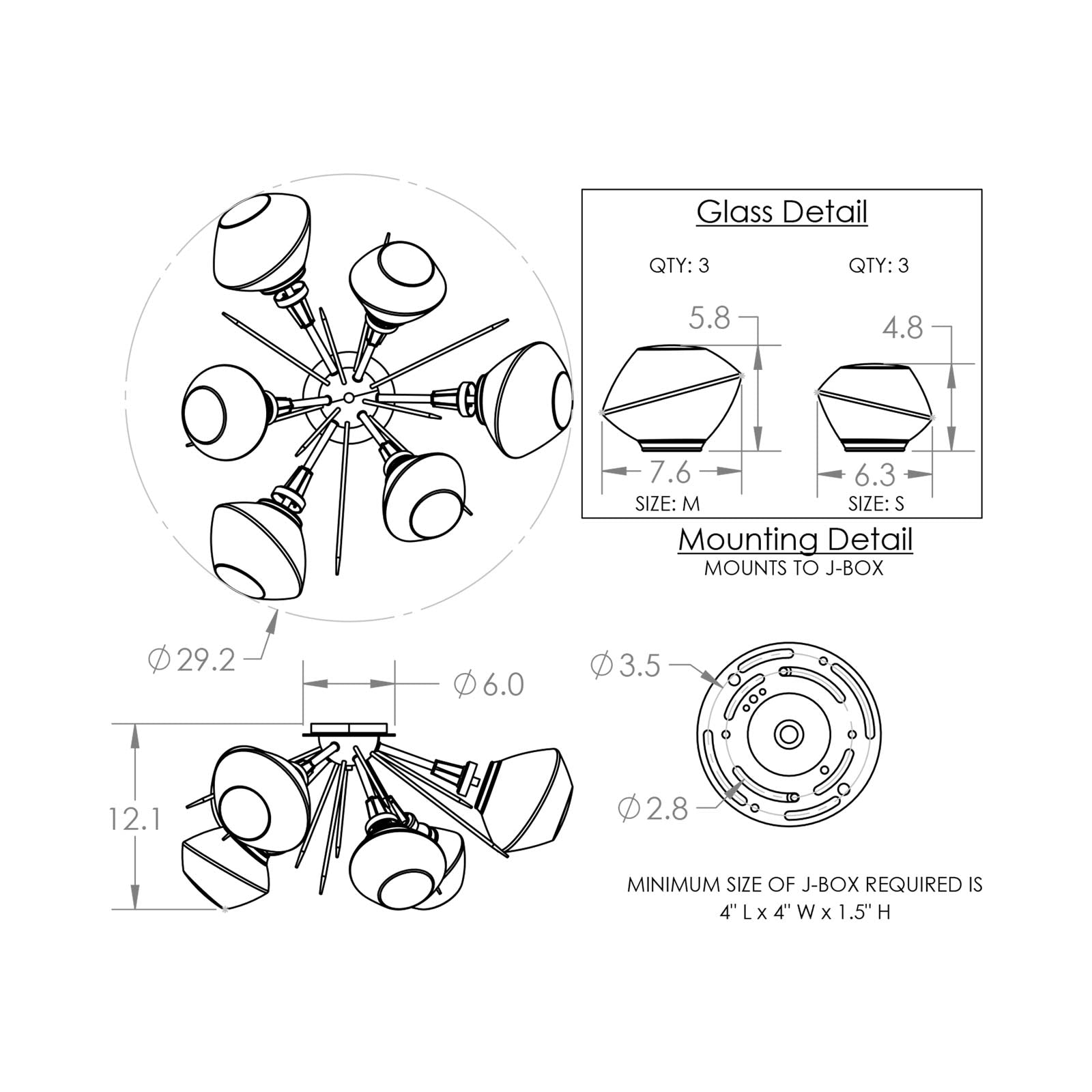 Mesa Starburst LED Flush Mount Ceiling Light - line drawing.