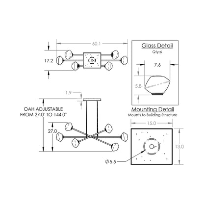 Mesa Triple Moda Linear LED Chandelier - line drawing.