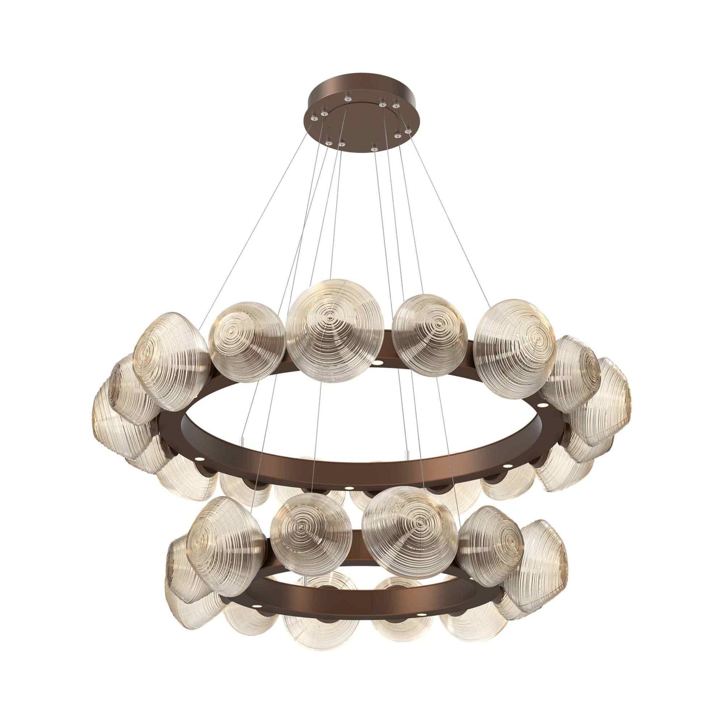 Mesa Two-Tier Radial Ring LED Chandelier in Burnished Bronze/Amber Blown Glass.