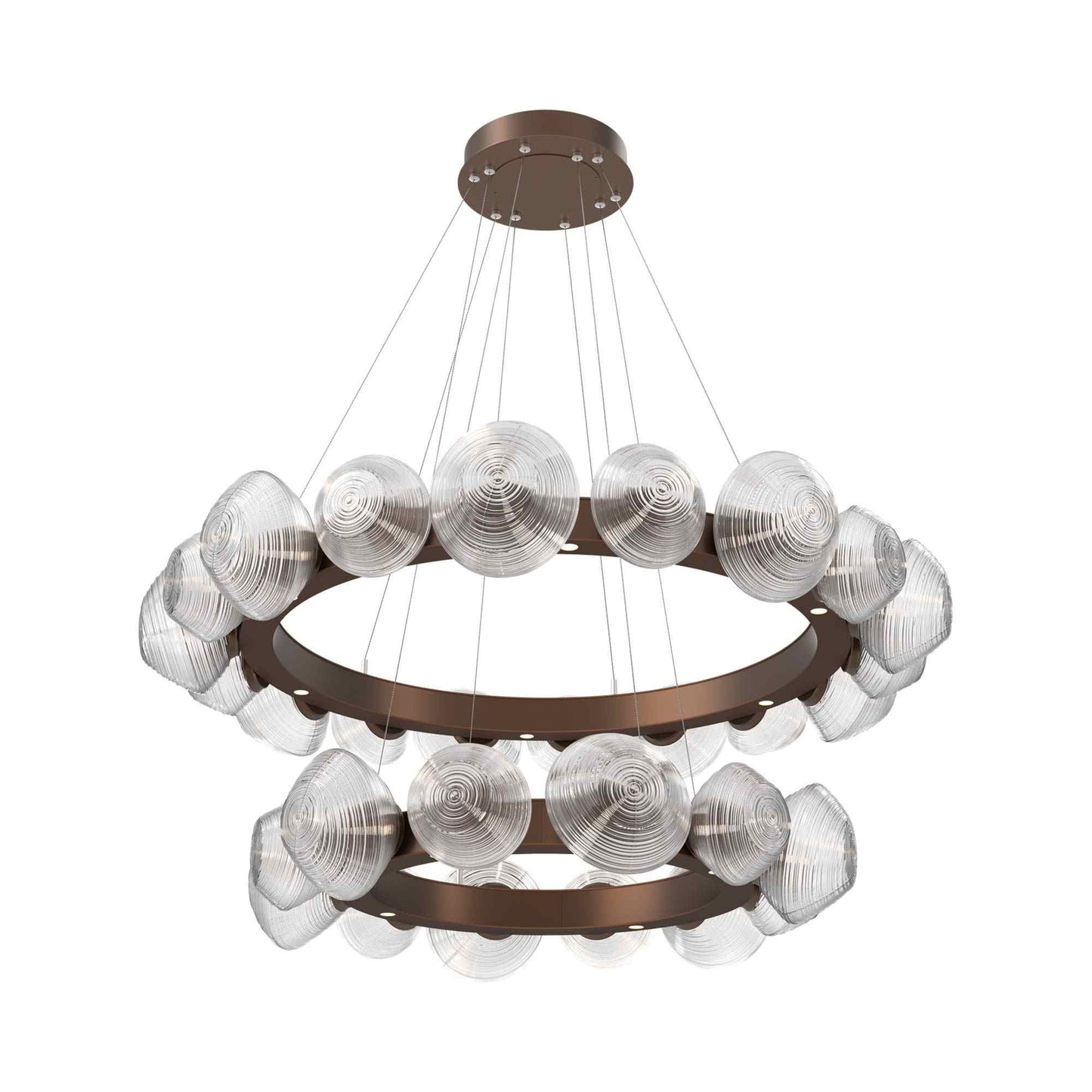 Mesa Two-Tier Radial Ring LED Chandelier in Burnished Bronze/Clear Blown Glass.