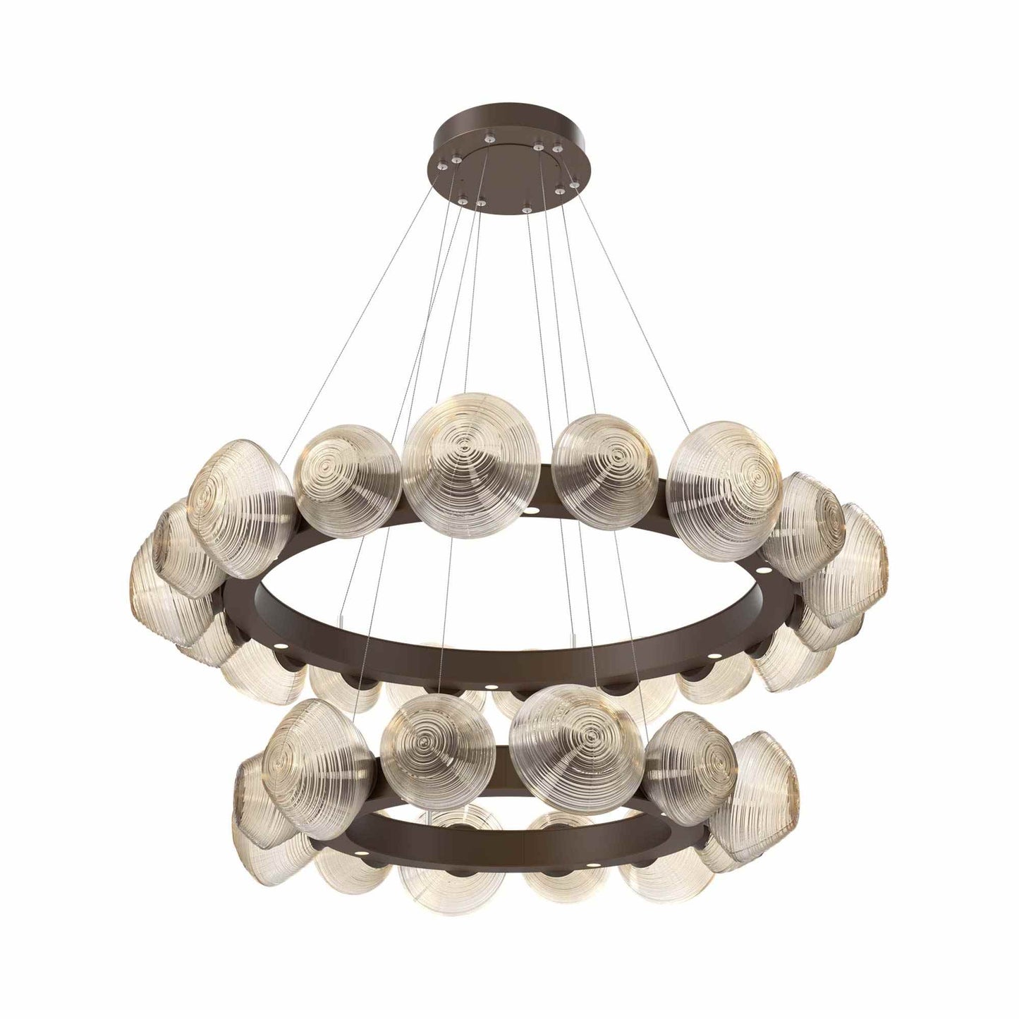 Mesa Two-Tier Radial Ring LED Chandelier in Flat Bronze/Amber Blown Glass.