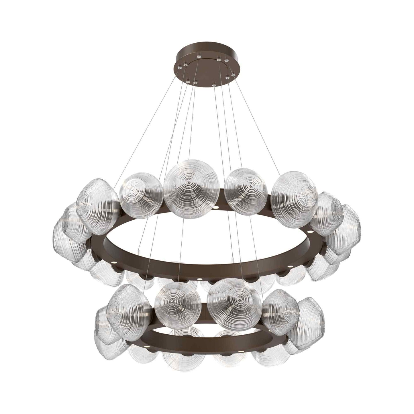 Mesa Two-Tier Radial Ring LED Chandelier in Flat Bronze/Clear Blown Glass.
