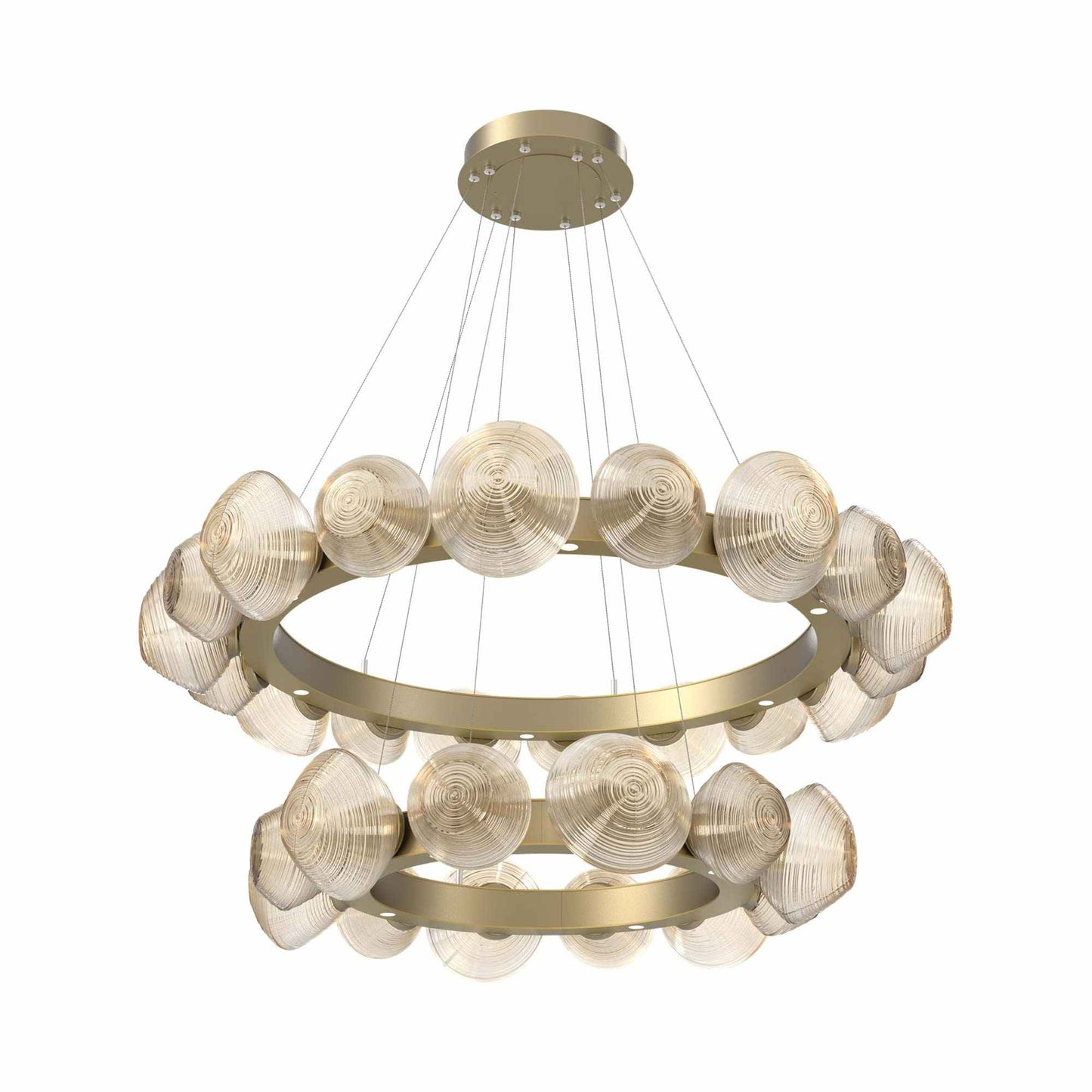 Mesa Two-Tier Radial Ring LED Chandelier in Gilded Brass/Amber Blown Glass.