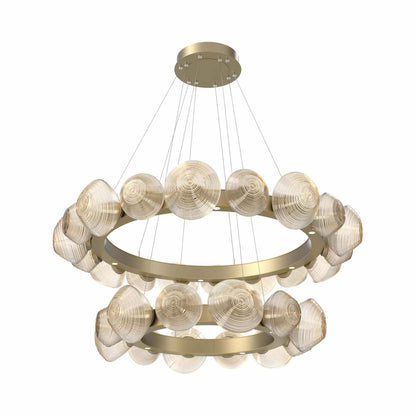 Mesa Two-Tier Radial Ring LED Chandelier in Gilded Brass/Amber Blown Glass.