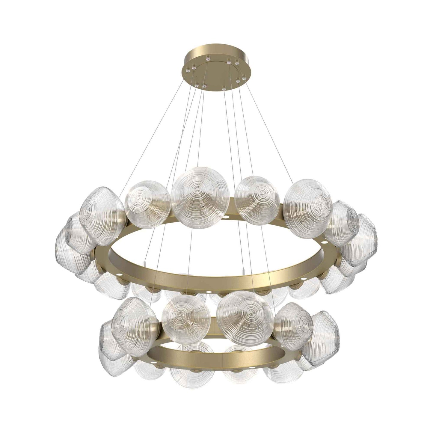 Mesa Two-Tier Radial Ring LED Chandelier in Gilded Brass/Clear Blown Glass.