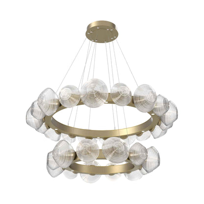 Mesa Two-Tier Radial Ring LED Chandelier in Gilded Brass/Clear Blown Glass.