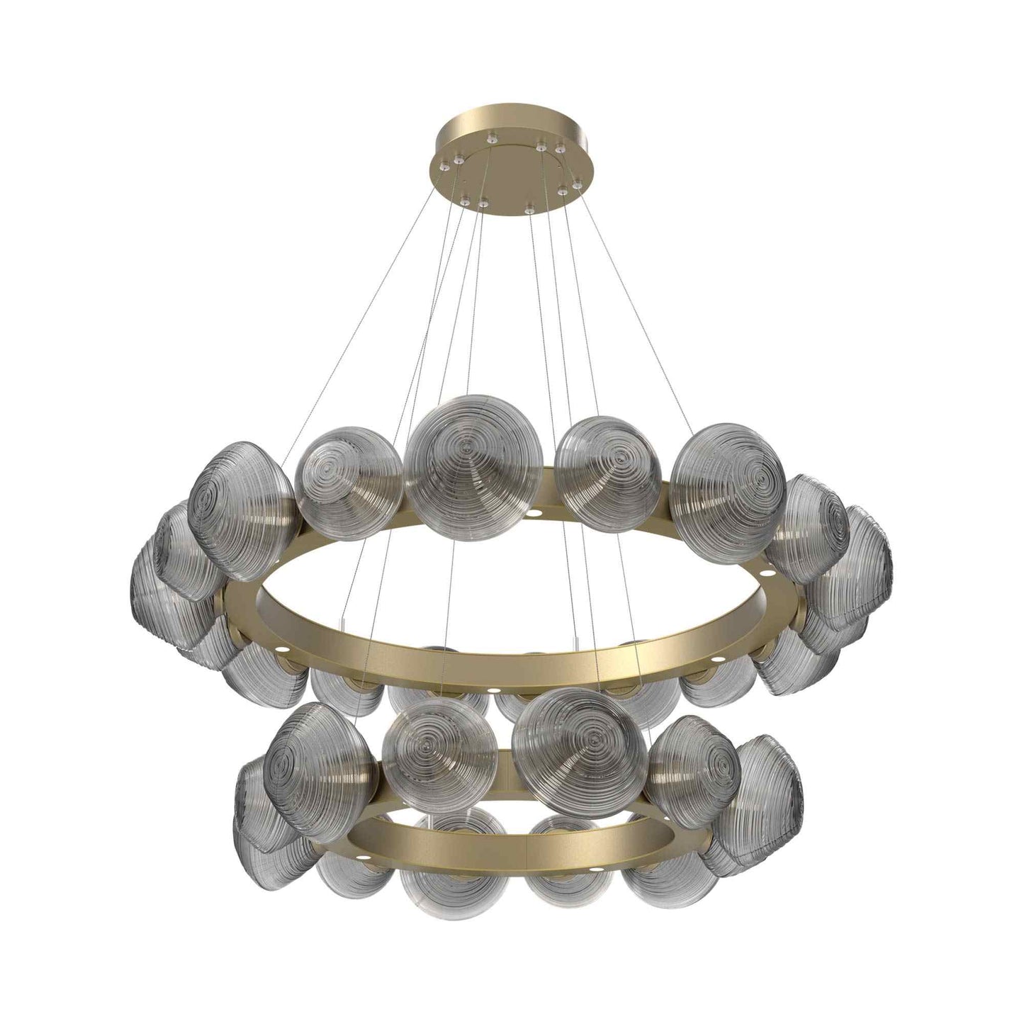 Mesa Two-Tier Radial Ring LED Chandelier in Gilded Brass/Smoke Blown Glass.