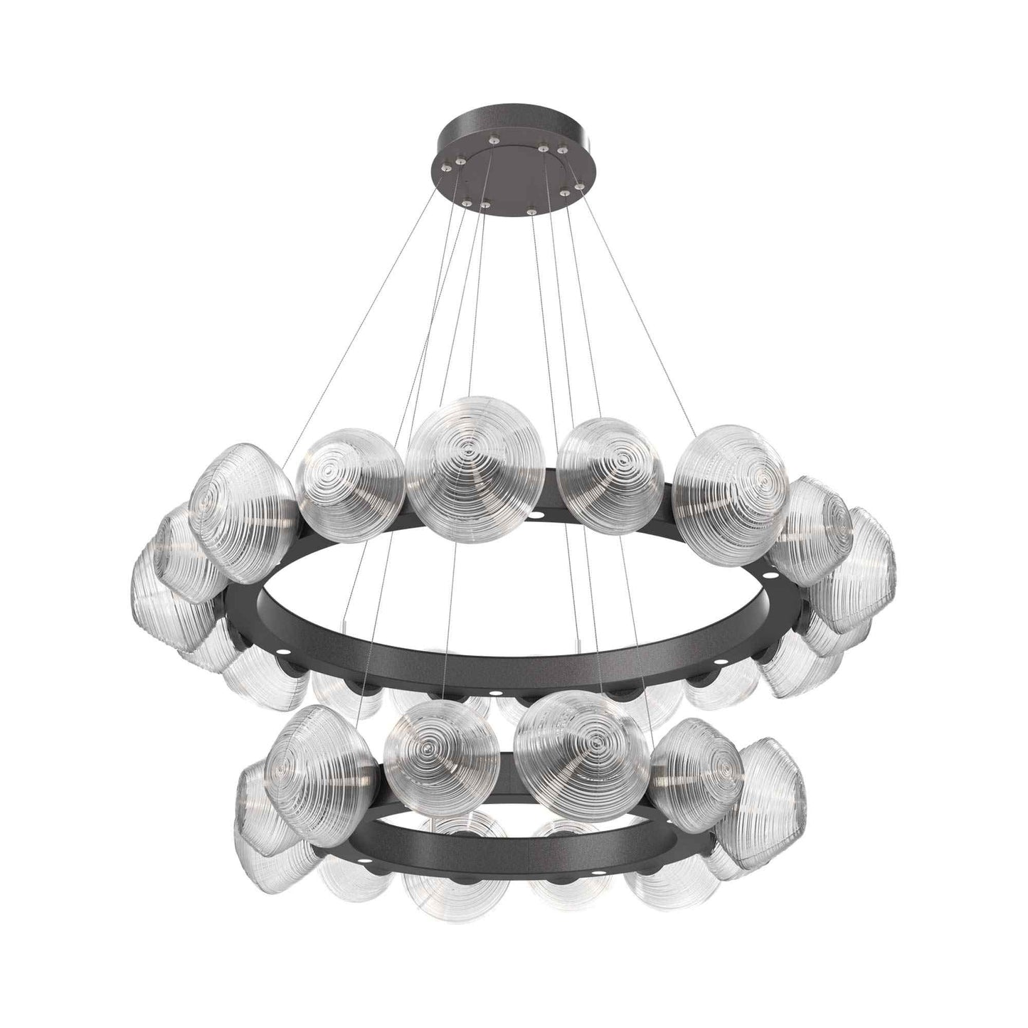 Mesa Two-Tier Radial Ring LED Chandelier in Graphite/Clear Blown Glass.
