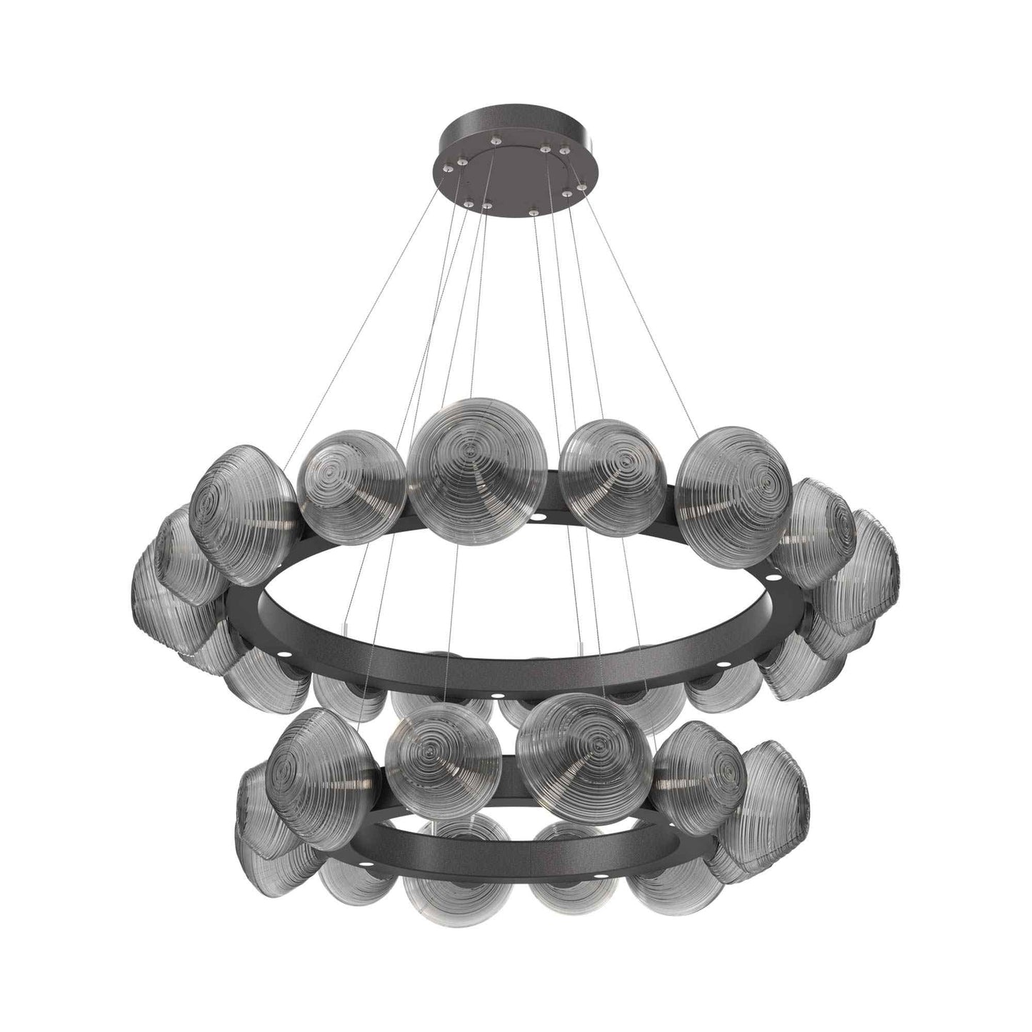 Mesa Two-Tier Radial Ring LED Chandelier in Graphite/Smoke Blown Glass.