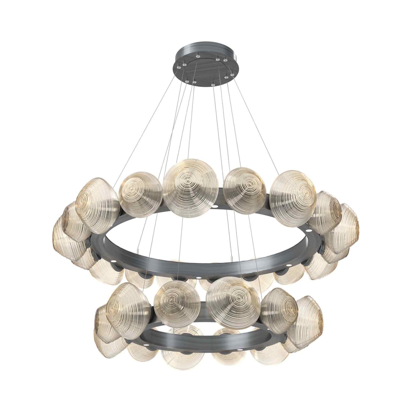 Mesa Two-Tier Radial Ring LED Chandelier in Gunmetal/Amber Blown Glass.