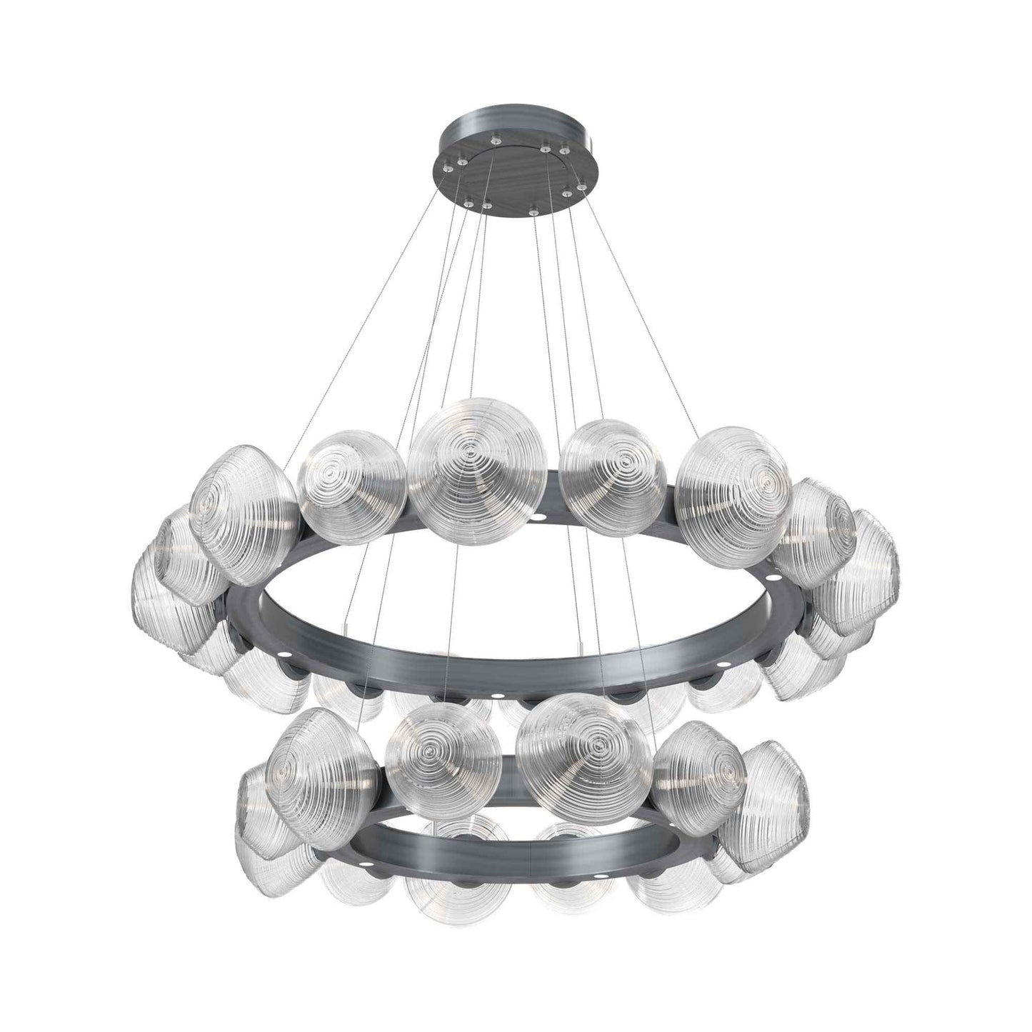 Mesa Two-Tier Radial Ring LED Chandelier in Gunmetal/Clear Blown Glass.