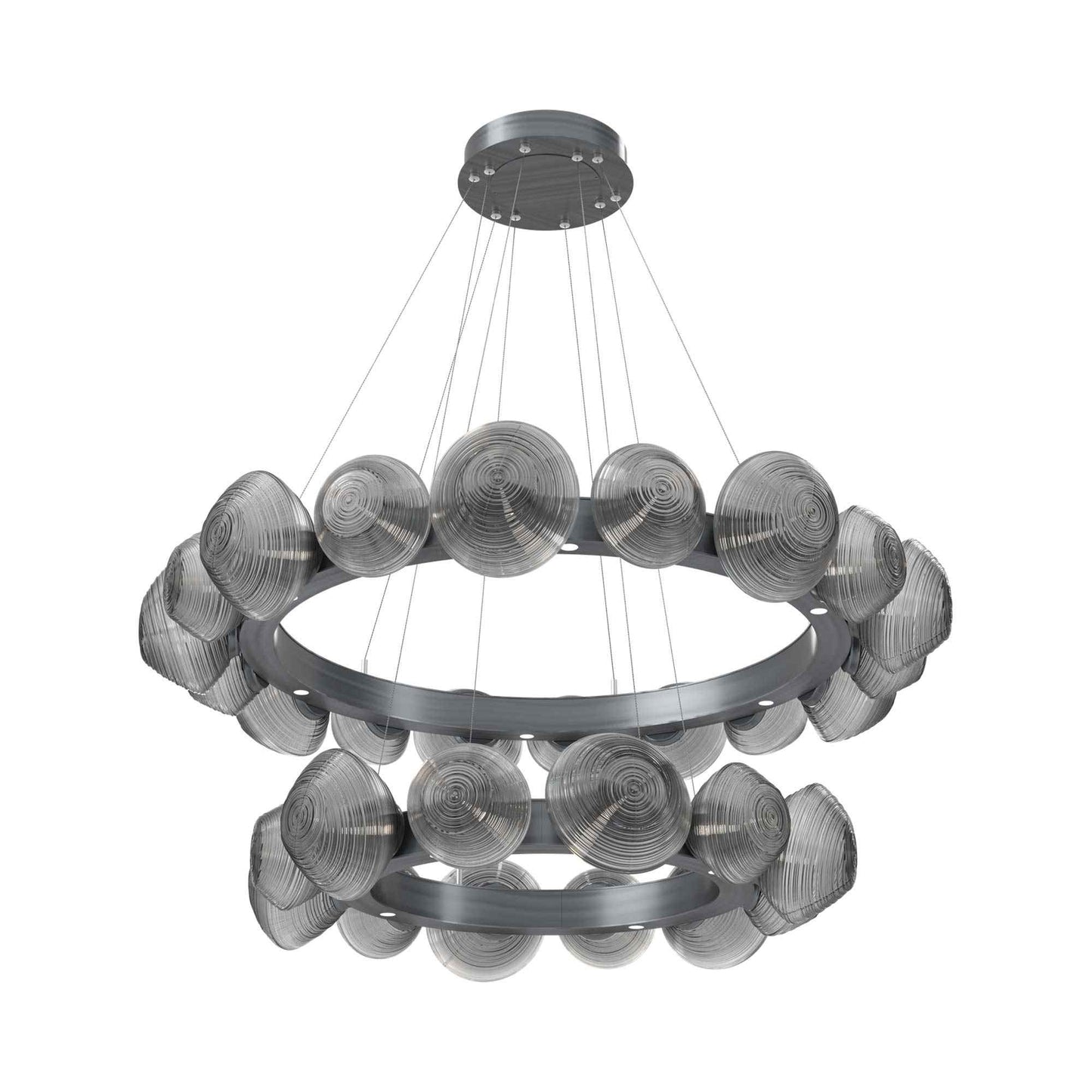 Mesa Two-Tier Radial Ring LED Chandelier in Gunmetal/Smoke Blown Glass.