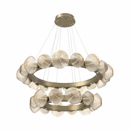 Mesa Two-Tier Radial Ring LED Chandelier in Heritage Brass/Amber Blown Glass.
