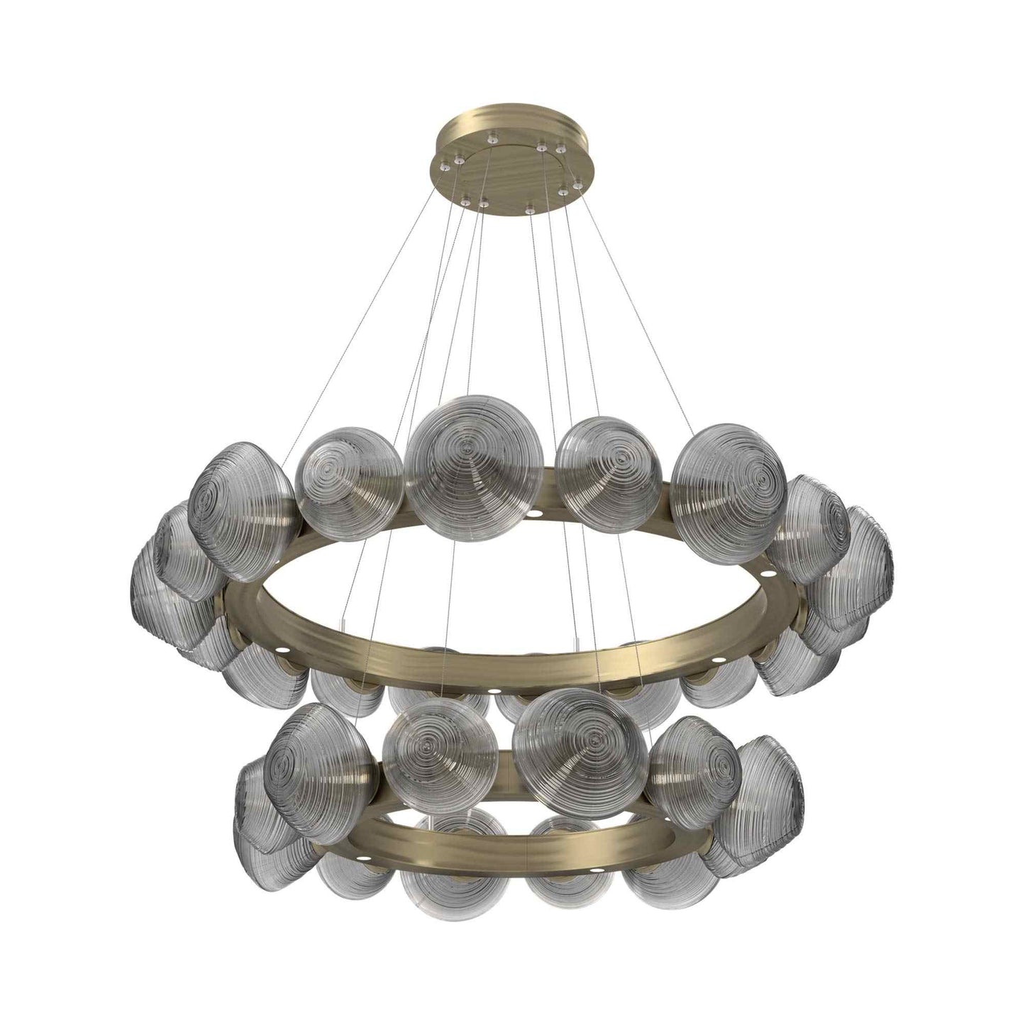 Mesa Two-Tier Radial Ring LED Chandelier in Heritage Brass/Smoke Blown Glass.