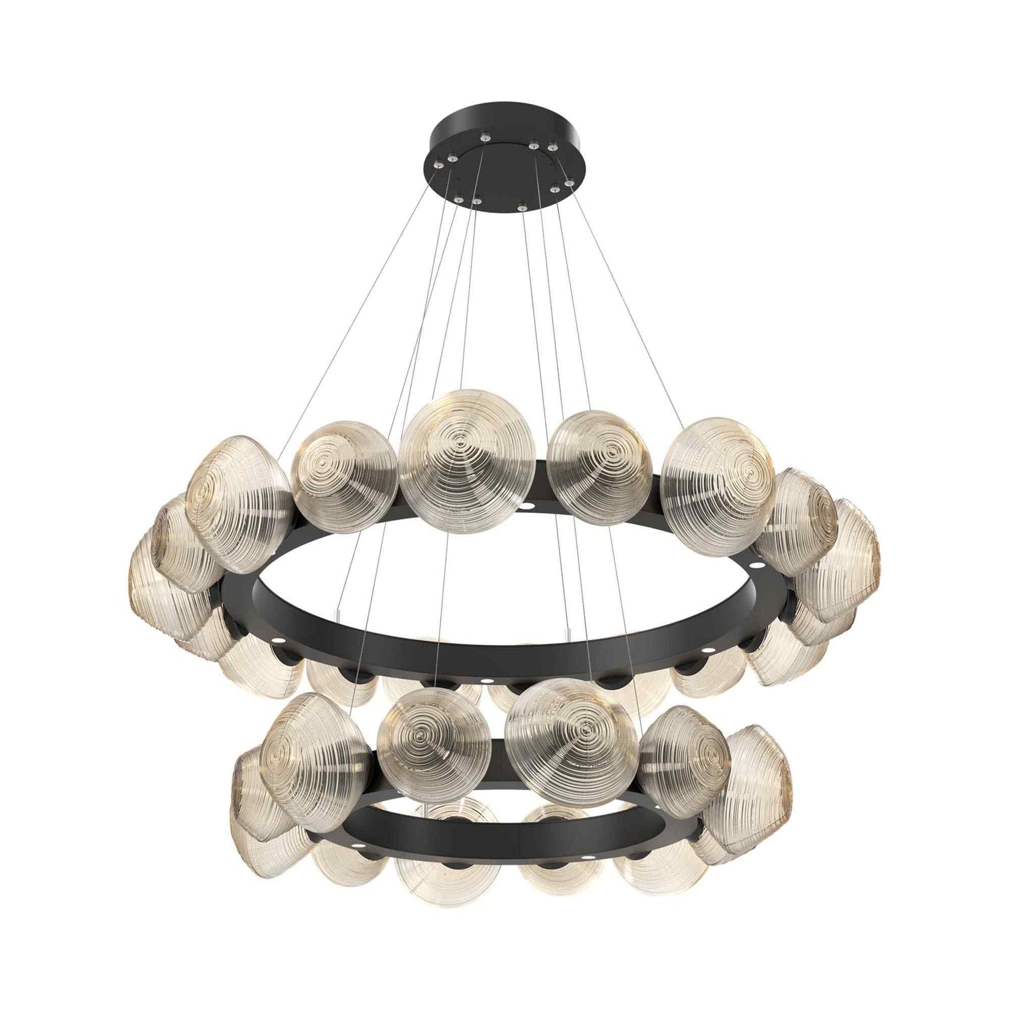 Mesa Two-Tier Radial Ring LED Chandelier in Matte Black/Amber Blown Glass.