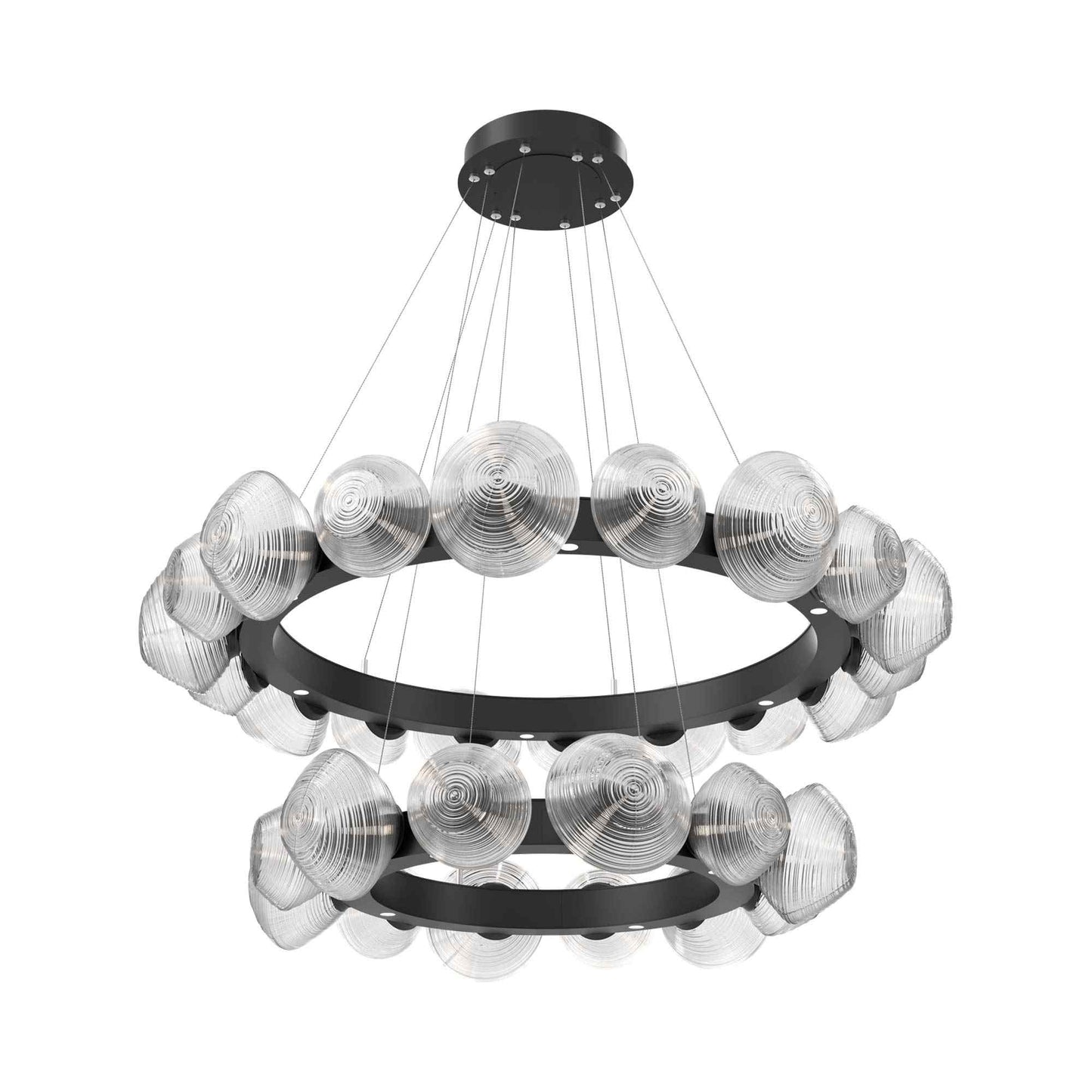Mesa Two-Tier Radial Ring LED Chandelier in Matte Black/Clear Blown Glass.