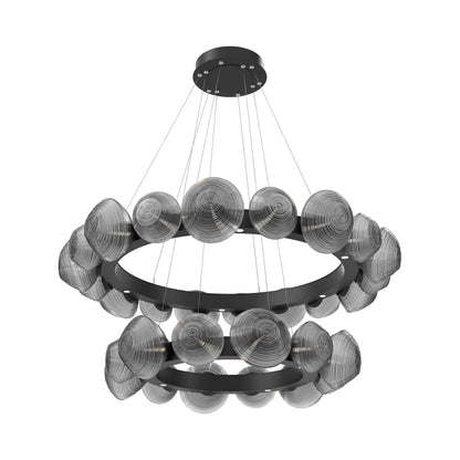 Mesa Two-Tier Radial Ring LED Chandelier in Matte Black/Smoke Blown Glass.