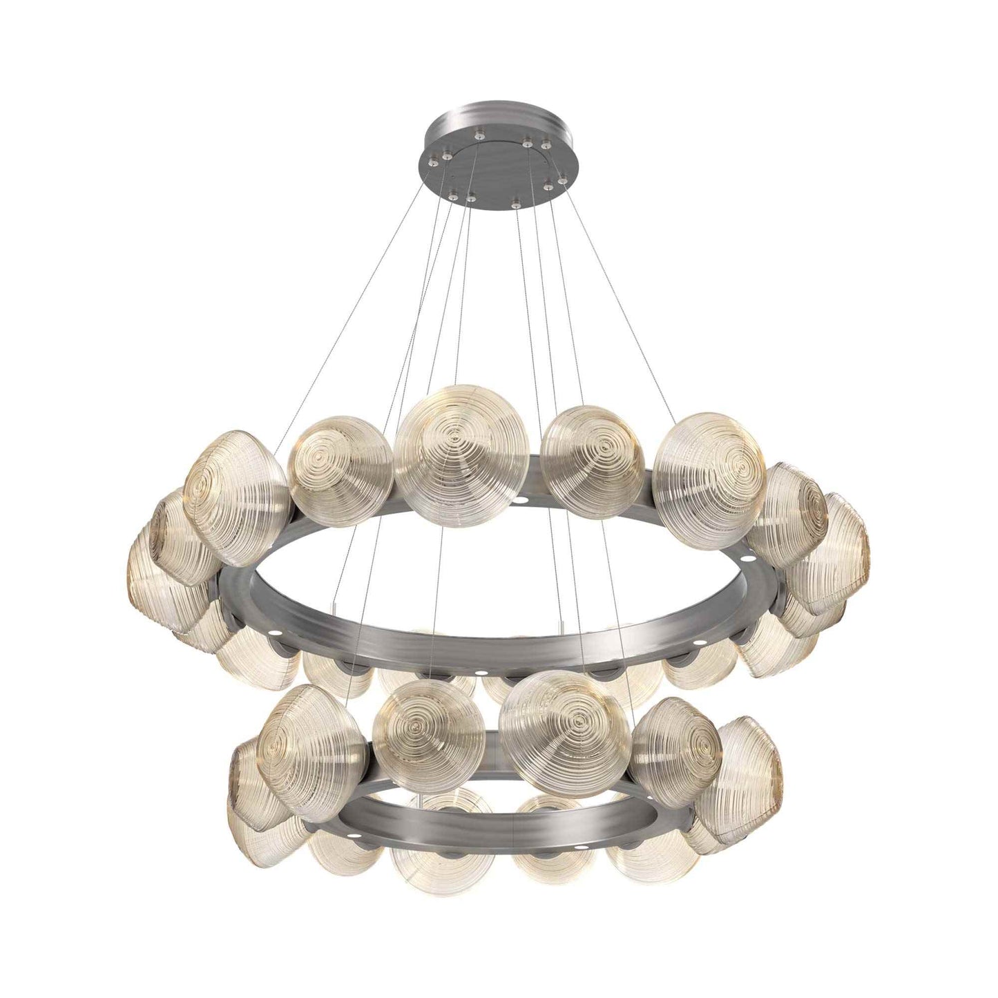Mesa Two-Tier Radial Ring LED Chandelier in Satin Nickel/Amber Blown Glass.