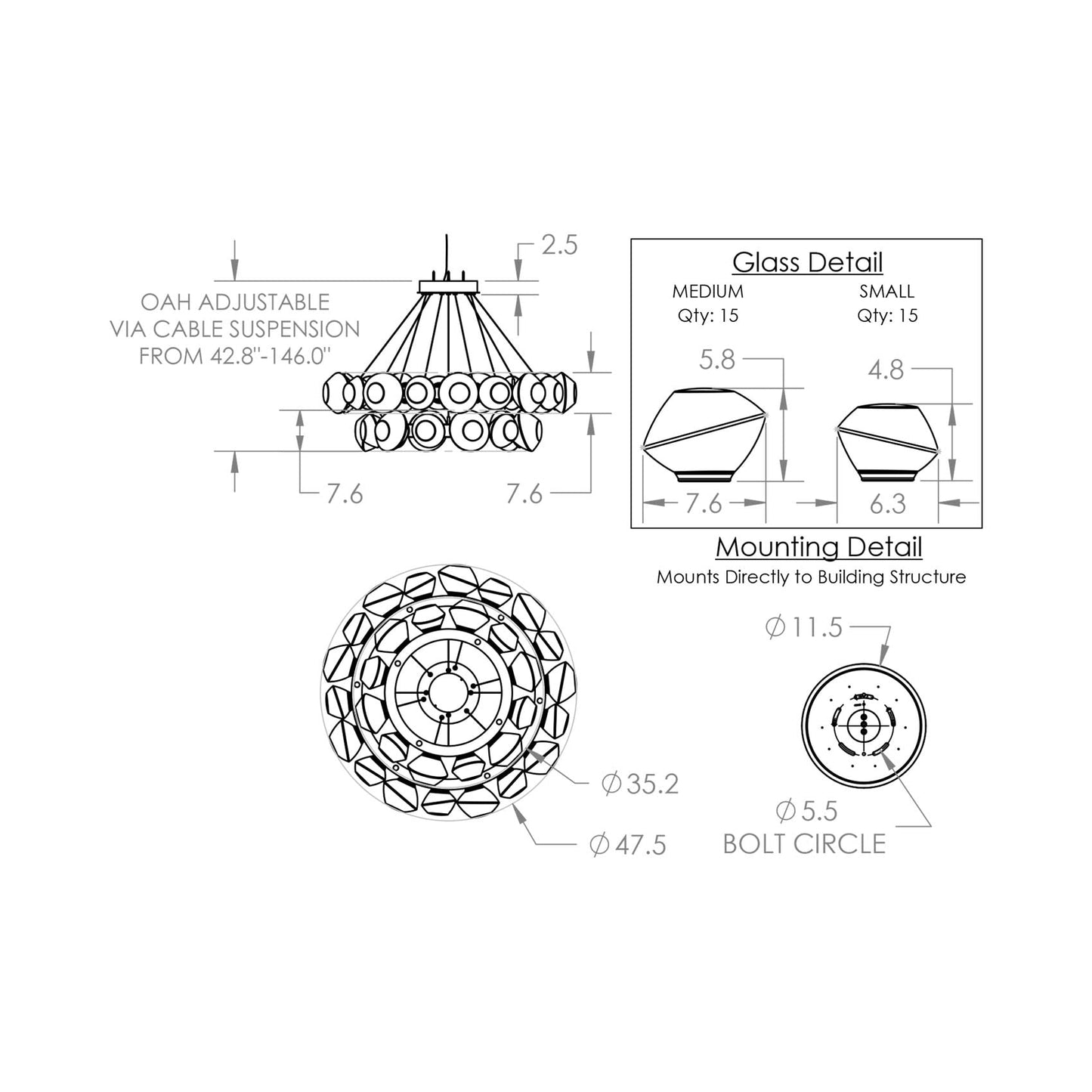 Mesa Two-Tier Radial Ring LED Chandelier - line drawing.