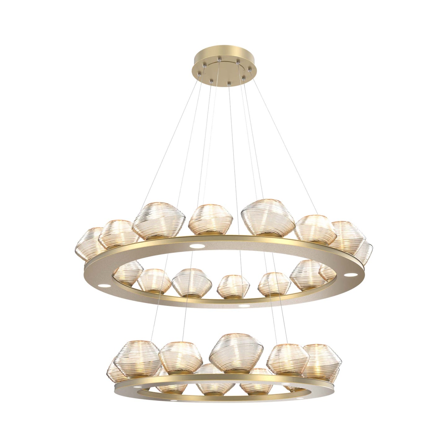 Mesa Two-Tier Ring LED Chandelier in Gilded Brass/Amber Blown Glass.