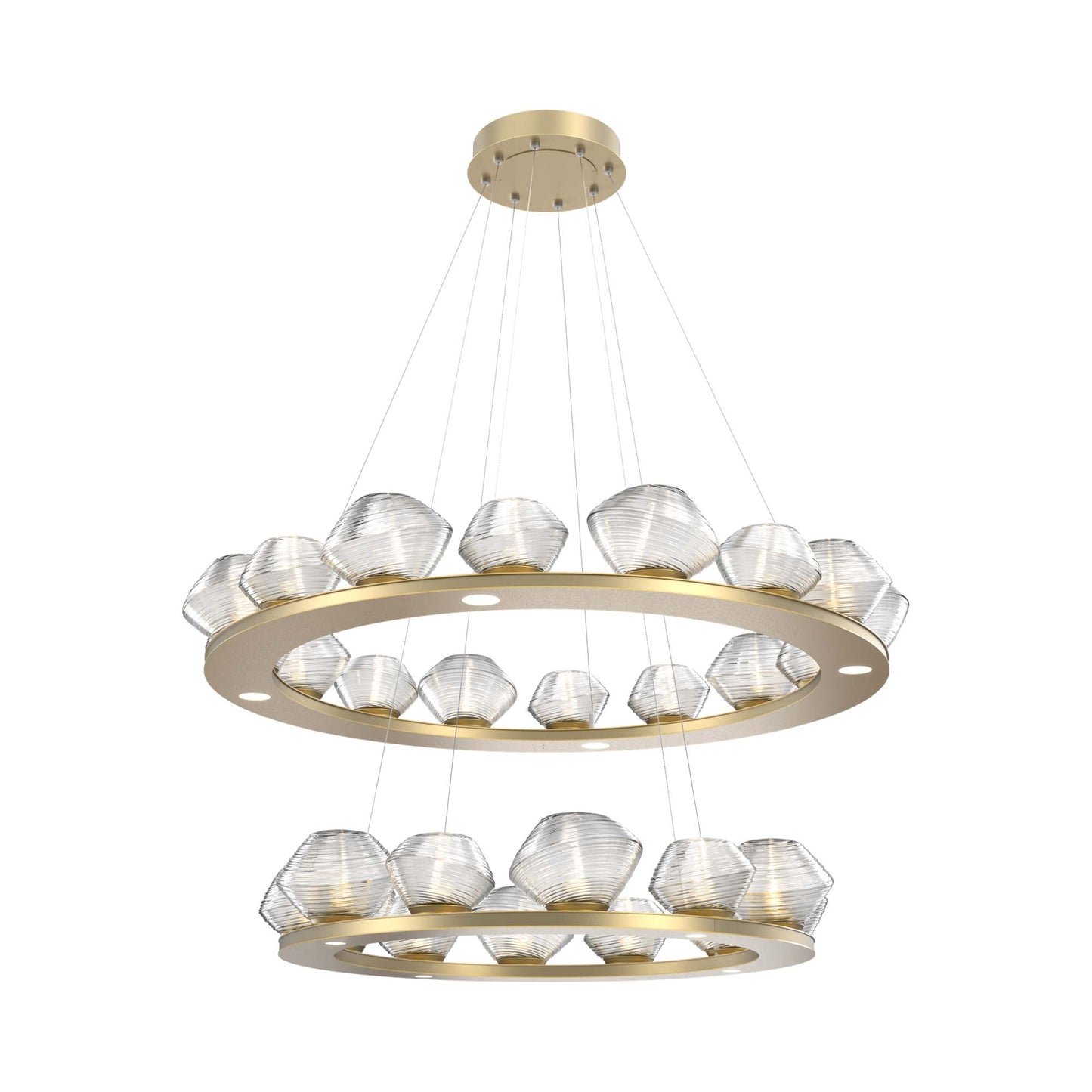 Mesa Two-Tier Ring LED Chandelier in Gilded Brass/Clear Blown Glass.