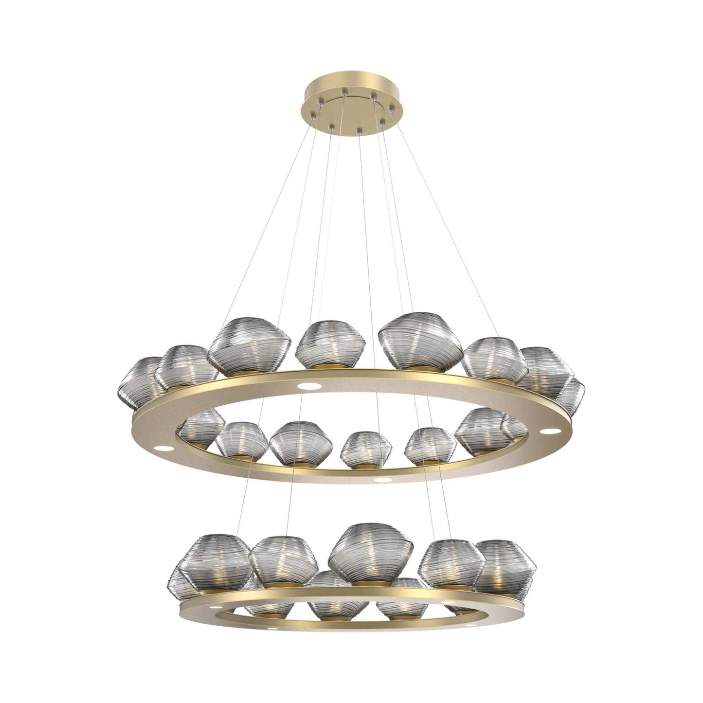 Mesa Two-Tier Ring LED Chandelier in Gilded Brass/Smoke Blown Glass.