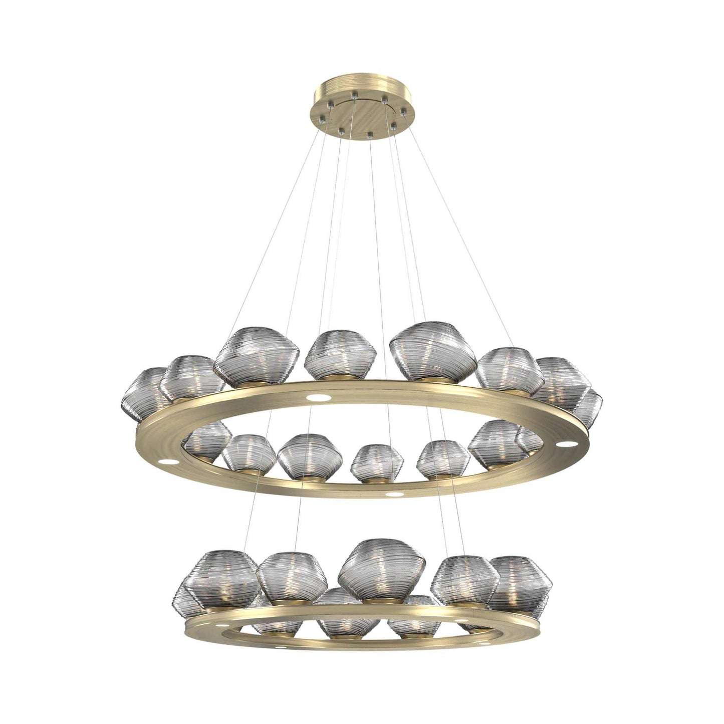 Mesa Two-Tier Ring LED Chandelier in Heritage Brass/Smoke Blown Glass.