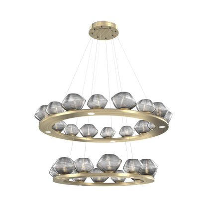 Mesa Two-Tier Ring LED Chandelier in Heritage Brass/Smoke Blown Glass.
