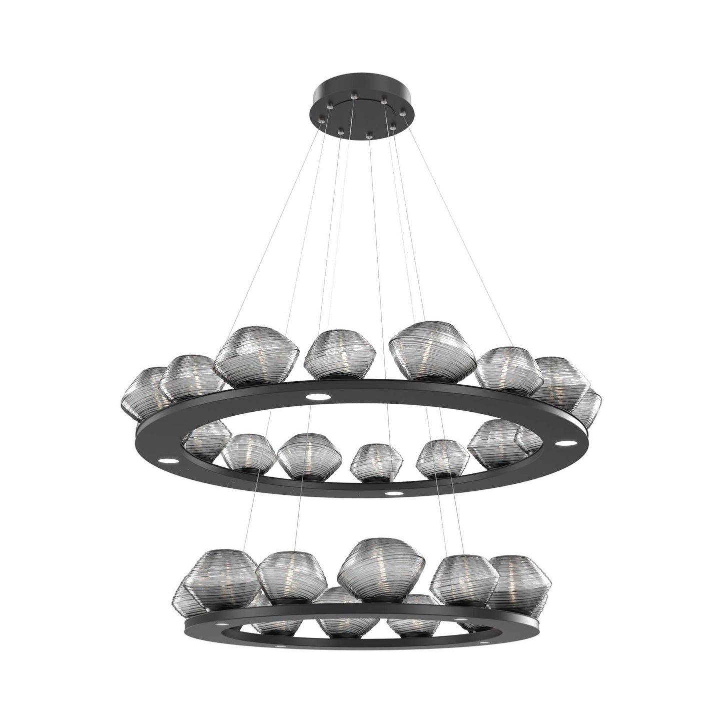 Mesa Two-Tier Ring LED Chandelier in Matte Black/Smoke Blown Glass.