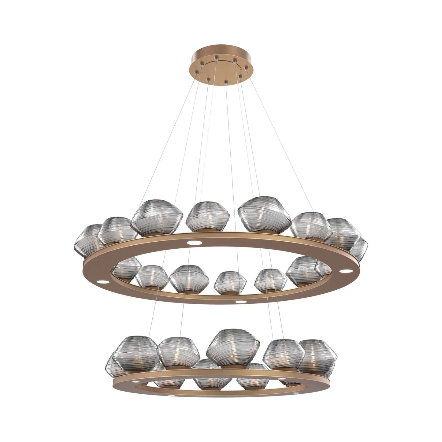 Mesa Two-Tier Ring LED Chandelier in Novel Brass/Smoke Blown Glass.
