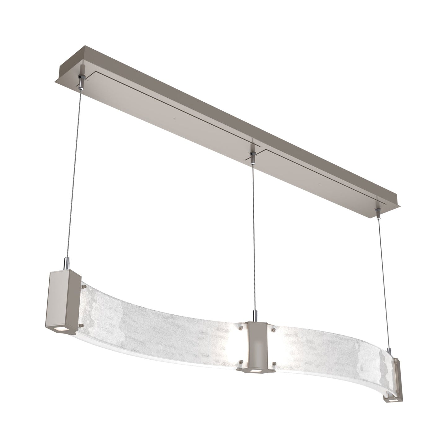 Parallel Curved Linear LED Chandelier in Beige Silver/Clear Granite Blown Glass.