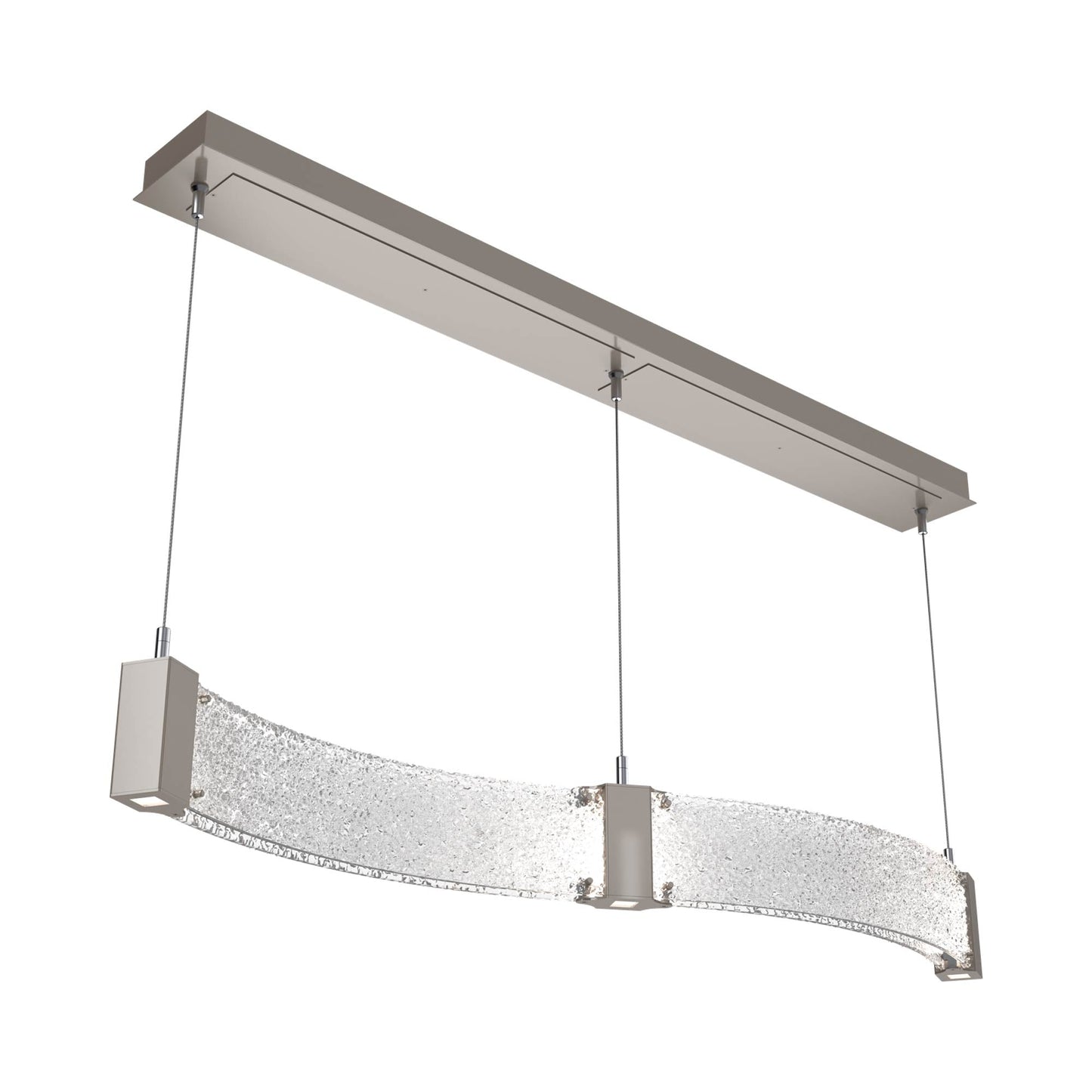 Parallel Curved Linear LED Chandelier in Beige Silver/Crystal Rimelight Blown Glass.