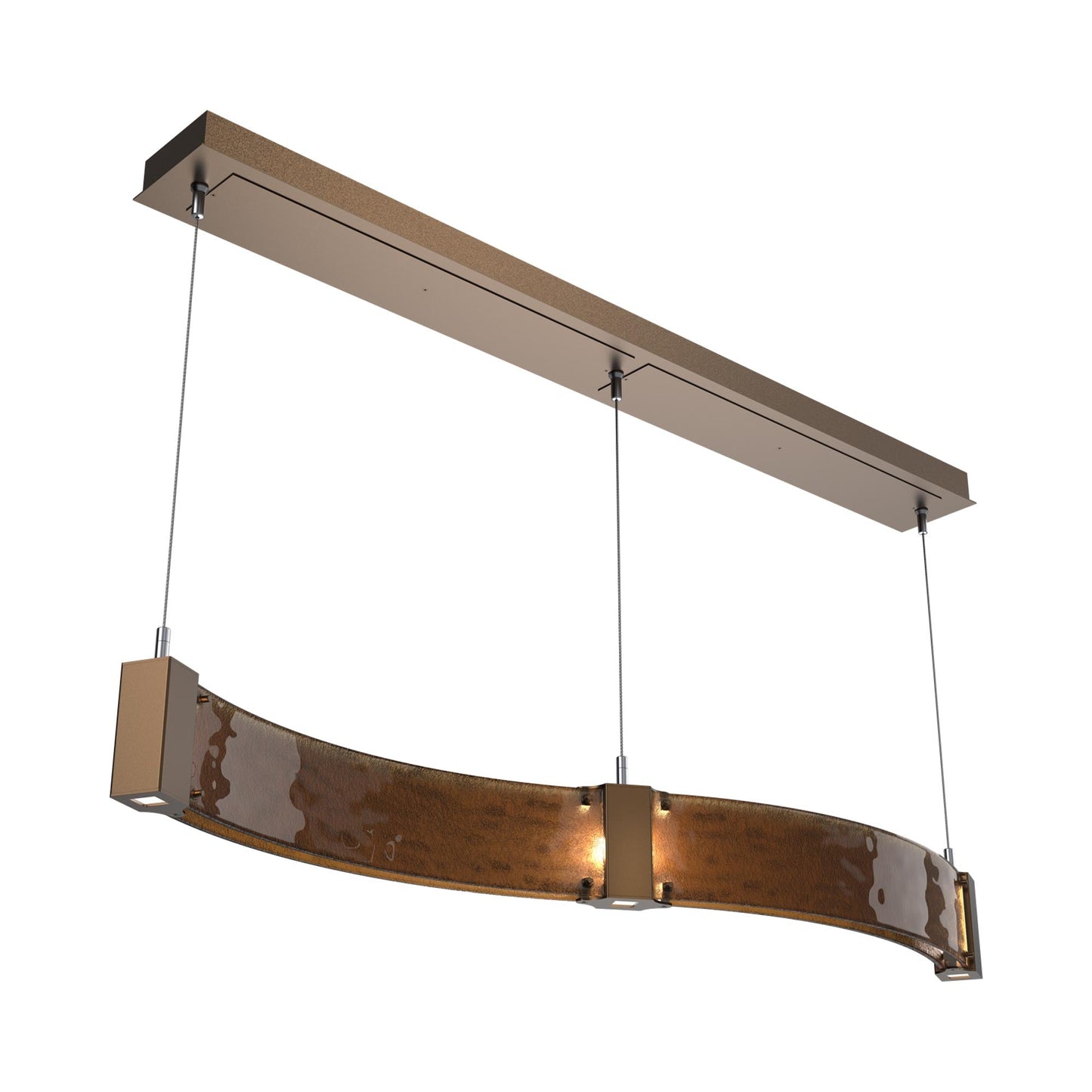 Parallel Curved Linear LED Chandelier in Flat Bronze/Bronze Granite Blown Glass.