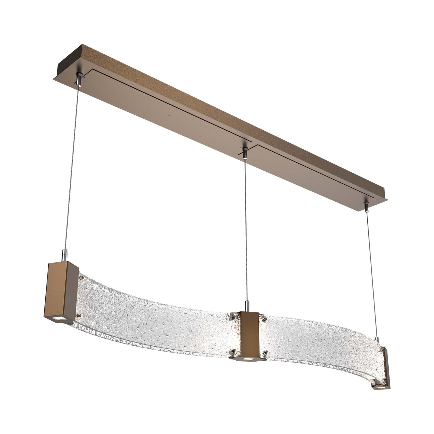Parallel Curved Linear LED Chandelier in Flat Bronze/Crystal Rimelight Blown Glass.