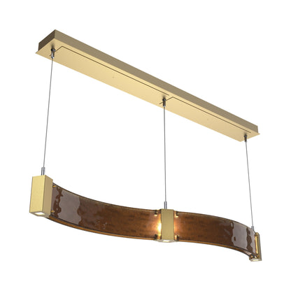 Parallel Curved Linear LED Chandelier in Gilded Brass/Bronze Granite Blown Glass.