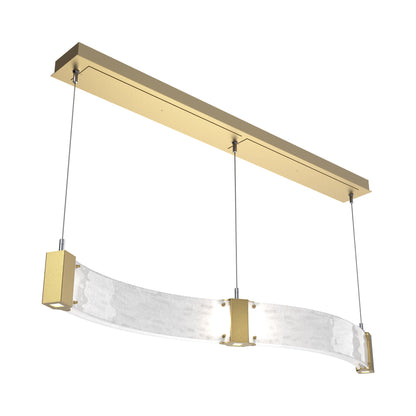 Parallel Curved Linear LED Chandelier in Gilded Brass/Clear Granite Blown Glass.