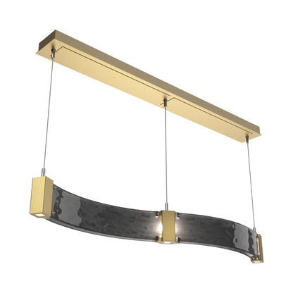 Parallel Curved Linear LED Chandelier in Gilded Brass/Smoke Granite Blown Glass.